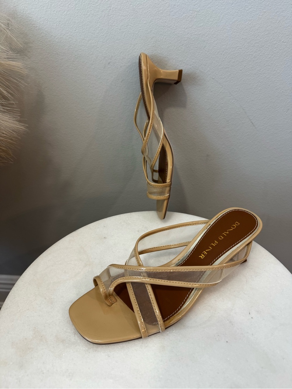 Donald J. Pliner Metallic Gold & Tan Strappy Mid Heel Sandal 7.5